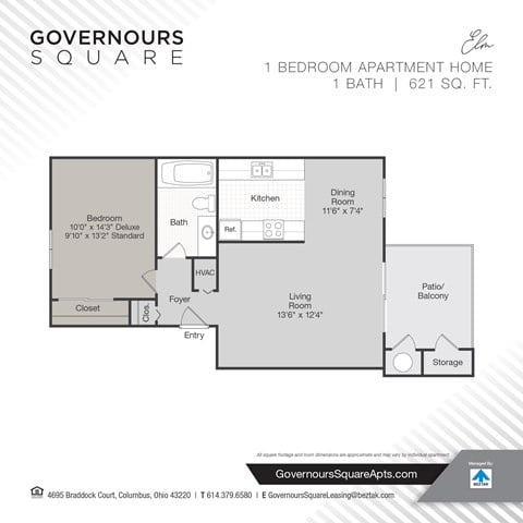 Floor plan for 1 bed, 1 bath, 621 sqft